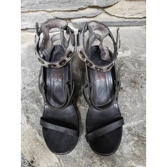 A.S.98 Ankle Strap Snap Button Wedges 41=9.5 Black Silver
