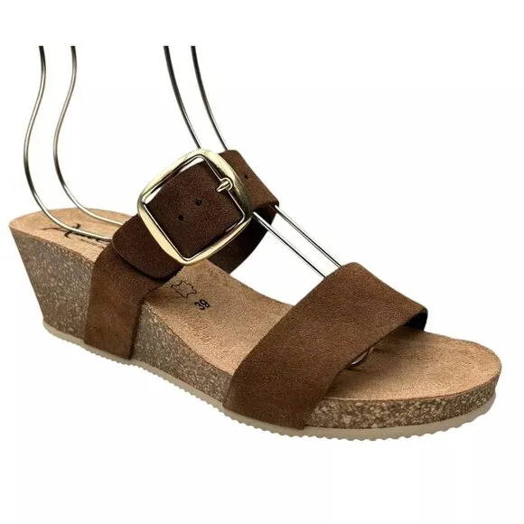 AUTENTI Women's Wedge Sandals Size 7.5-9 Brown Suede Dual Band Made In Spain