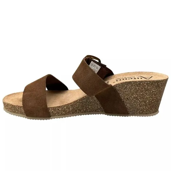 AUTENTI Women's Wedge Sandals Size 7.5-9 Brown Suede Dual Band Made In Spain