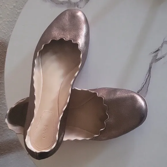 Authentic CHLOÉ Lauren Scalloped Leather Ballet Gunmetal Flats