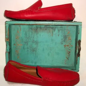 Authentic HERMES Red-Leather Driving Loafers with Cushioned Insoles 8