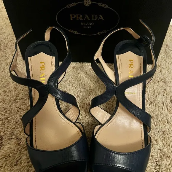 Authentic Prada leather cross strap sandals in Navy US 7.5 In Great Condition