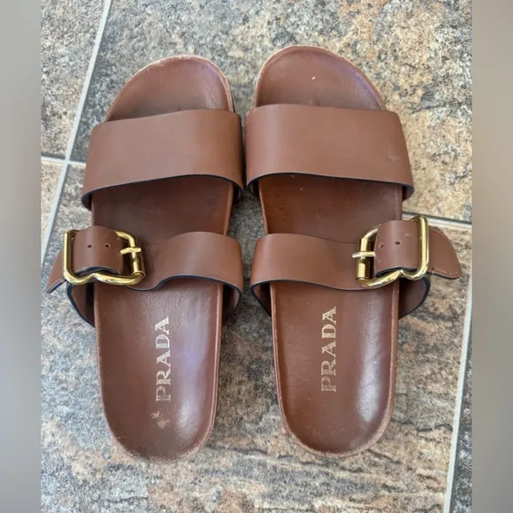 Authenticated Prada Sandali Leather Mule Slip On Sandals- Brown, Women’s Size 9