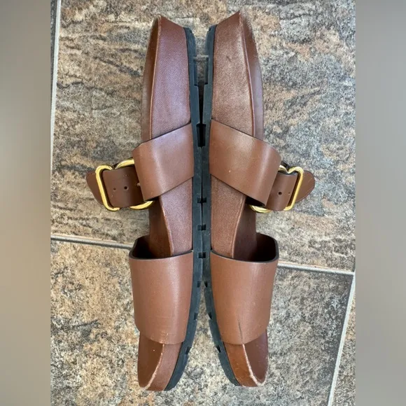 Authenticated Prada Sandali Leather Mule Slip On Sandals- Brown, Women’s Size 9