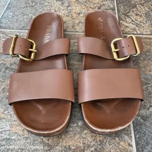 Authenticated Prada Sandali Leather Mule Slip On Sandals- Brown, Women’s Size 9
