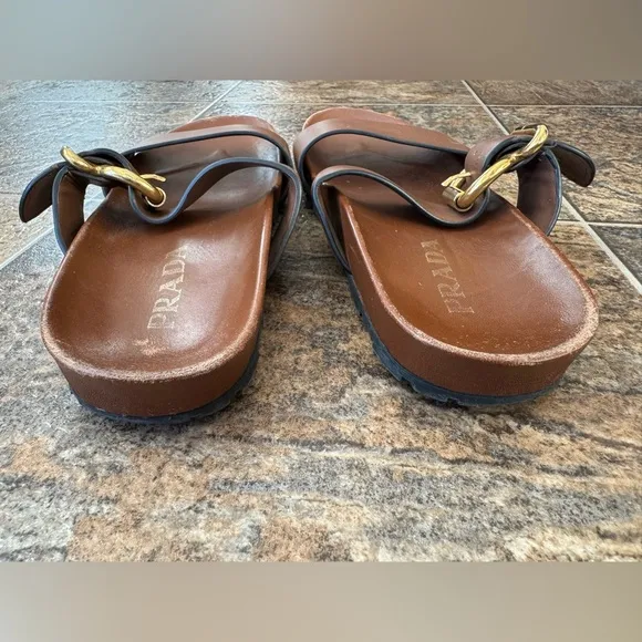 Authenticated Prada Sandali Leather Mule Slip On Sandals- Brown, Women’s Size 9