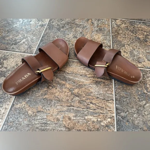 Authenticated Prada Sandali Leather Mule Slip On Sandals- Brown, Women’s Size 9