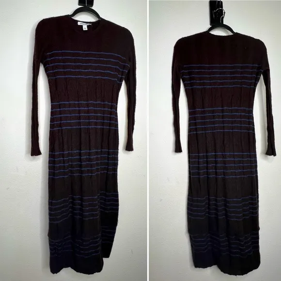 Autumn Cashmere Long Sleeve Midi Dress in Brown/ blue stripe, size S