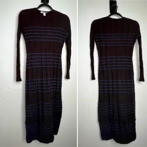Autumn Cashmere Long Sleeve Midi Dress in Brown/ blue stripe, size S