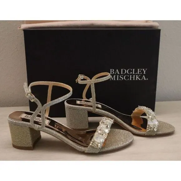 Badgley Mischka MP6306 Women's Sz 6 Platino Tanessa Ankle Strap Sandals $235