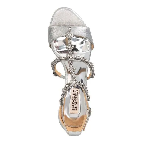 BADGLEY MISCHKA Womens Silver Terry Ii Round Toe Wedge Leather Sandals 9
