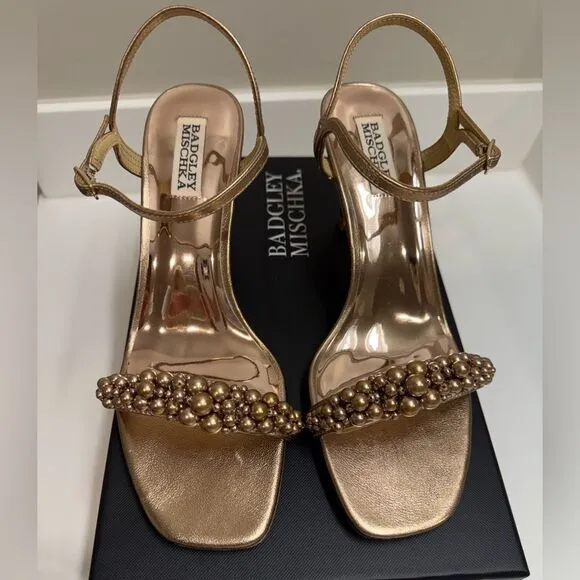 Badgley Mischka Caitlyn Pearly Ankle-Strap Sandals, Bronze, Size 7.5, $235‎