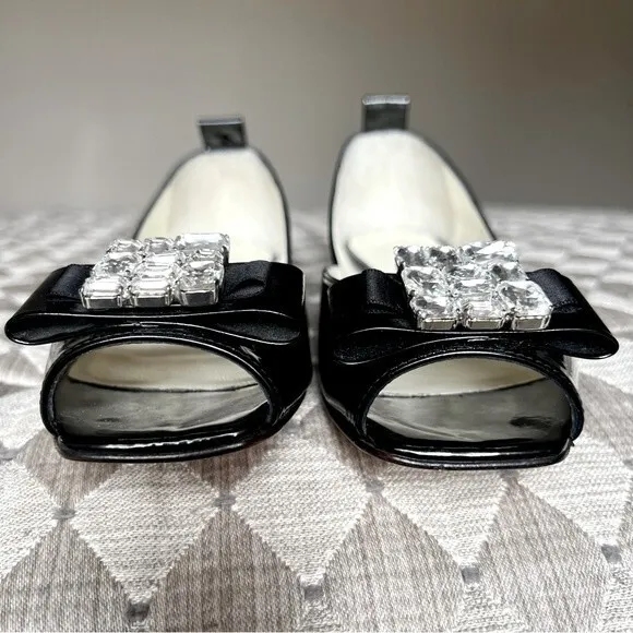 Baldinini Trend Black Patent Leather Jeweled Flats w/ Peep Toe Women EU 35 US 5