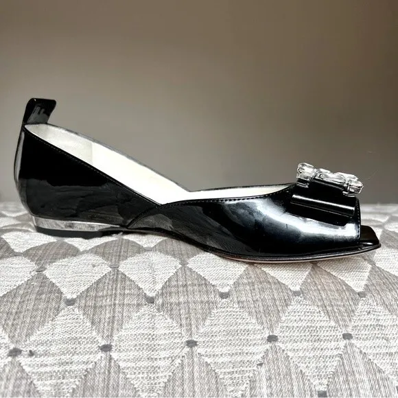 Baldinini Trend Black Patent Leather Jeweled Flats w/ Peep Toe Women EU 35 US 5