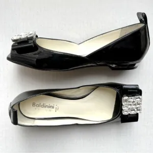 Baldinini Trend Black Patent Leather Jeweled Flats w/ Peep Toe Women EU 35 US 5