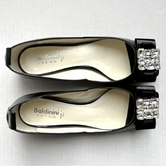 Baldinini Trend Black Patent Leather Jeweled Flats w/ Peep Toe Women EU 35 US 5