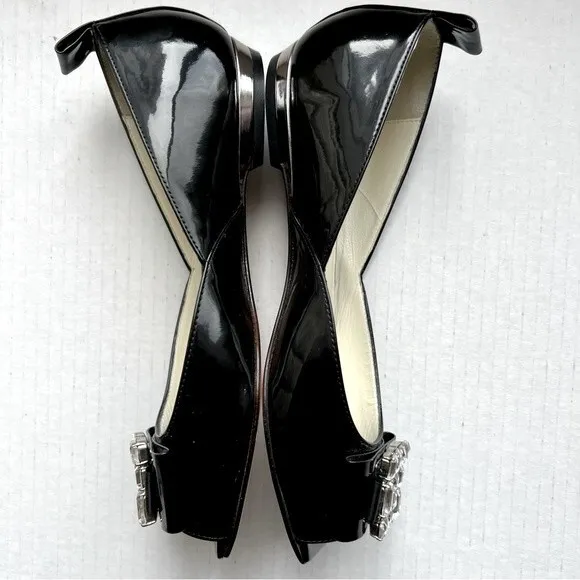 Baldinini Trend Black Patent Leather Jeweled Flats w/ Peep Toe Women EU 35 US 5