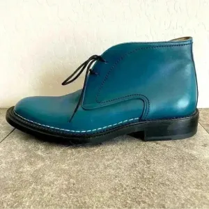 Bally Beliano Vintage Blue Turquoise Lace Up Leather Chelsea Boots Sz US 7.5 D