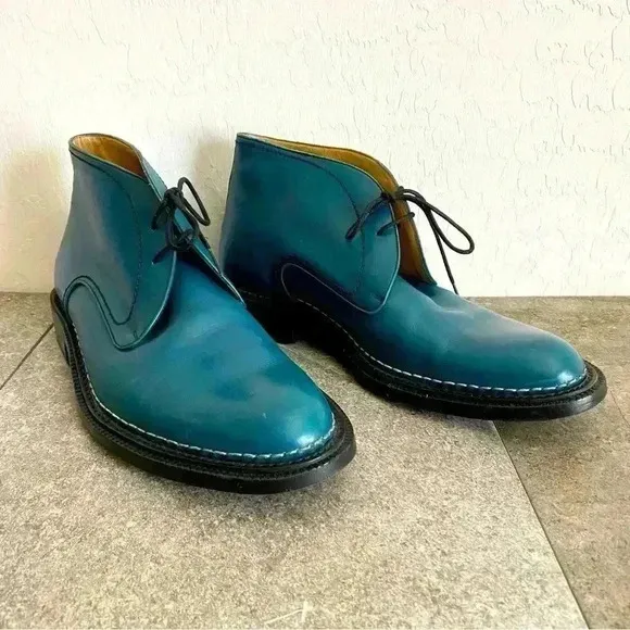 Bally Beliano Vintage Blue Turquoise Lace Up Leather Chelsea Boots Sz US 7.5 D