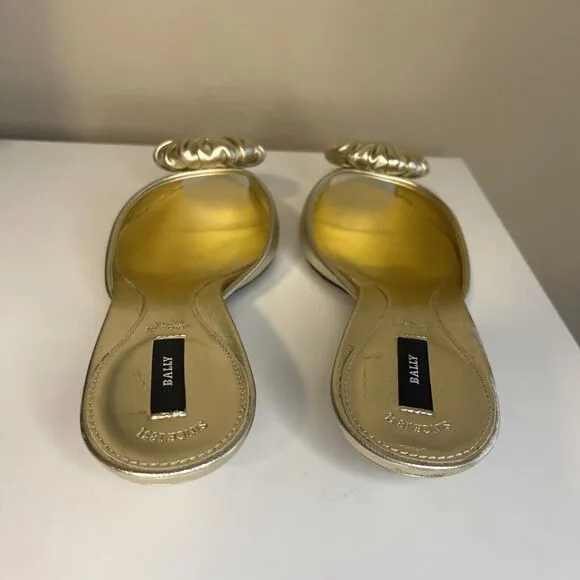 BALLY Golden Metallic Leather Flower Slide Kitten heel Peep Toe Size 6.5 37