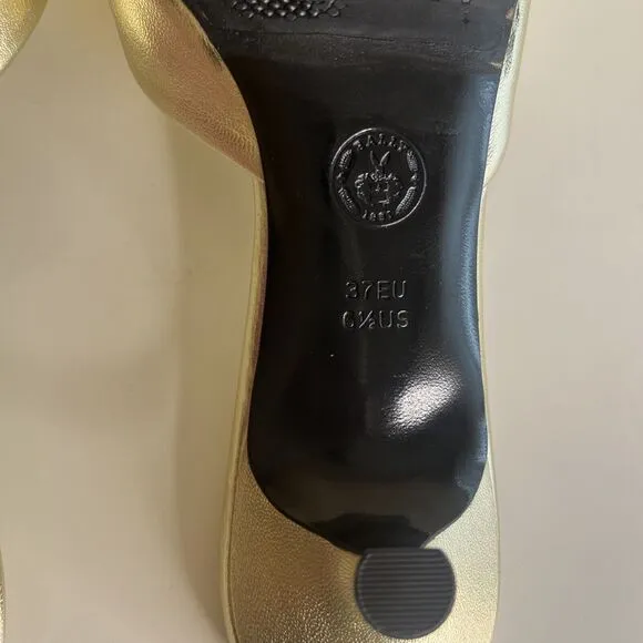 BALLY Golden Metallic Leather Flower Slide Kitten heel Peep Toe Size 6.5 37