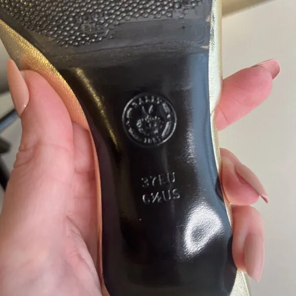 BALLY Golden Metallic Leather Flower Slide Kitten heel Peep Toe Size 6.5 37