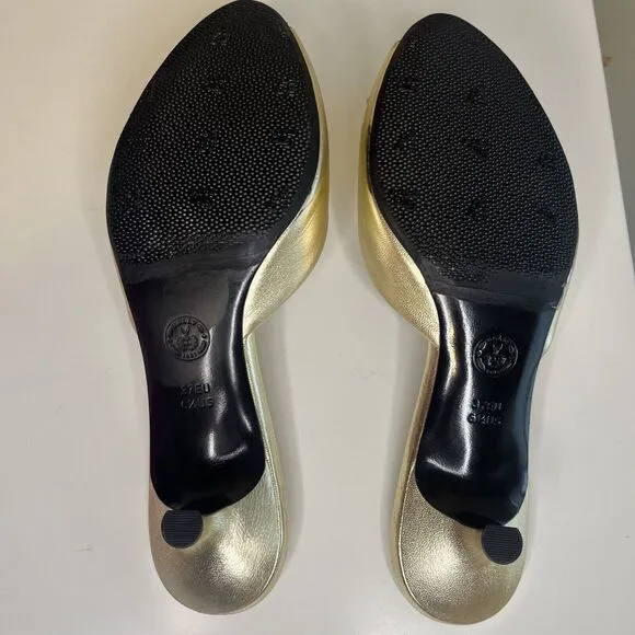 BALLY Golden Metallic Leather Flower Slide Kitten heel Peep Toe Size 6.5 37