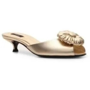 BALLY Golden Metallic Leather Flower Slide Kitten heel Peep Toe Size 6.5 37