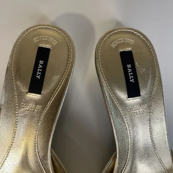 BALLY Golden Metallic Leather Flower Slide Kitten heel Peep Toe Size 6.5 37
