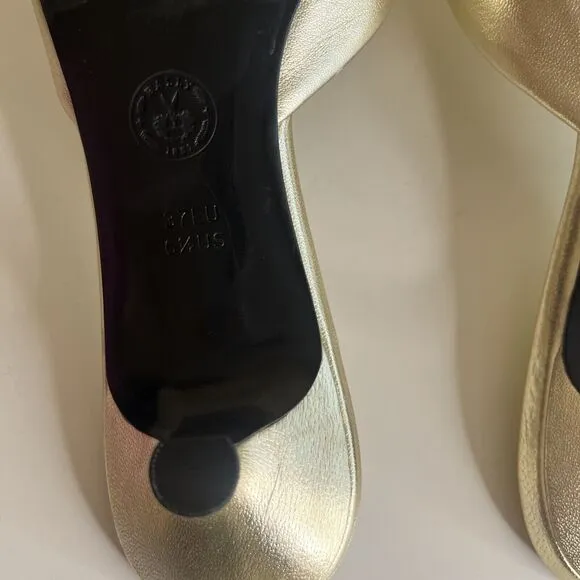 BALLY Golden Metallic Leather Flower Slide Kitten heel Peep Toe Size 6.5 37
