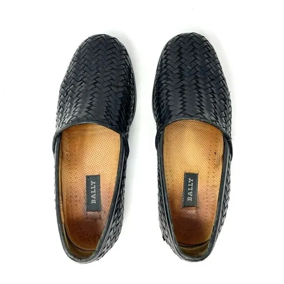 Bally Switzerland Black Woven Leather Slip On Loafers Size 7