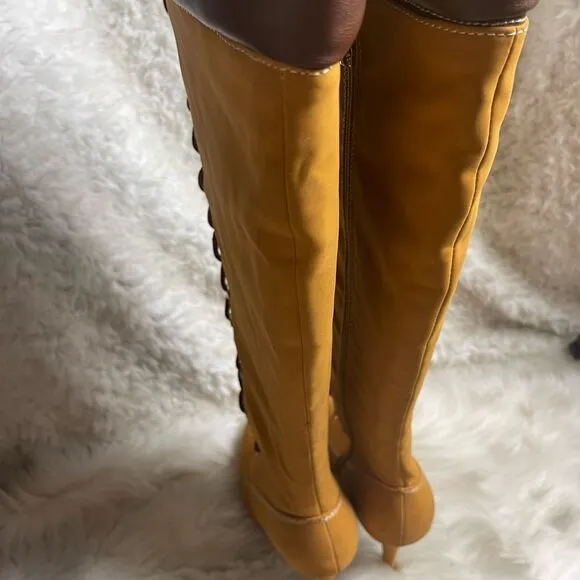 Bamboo Synthetic nubuck tan Combat knee high lace Up Stiletto Platform Boots SZ9