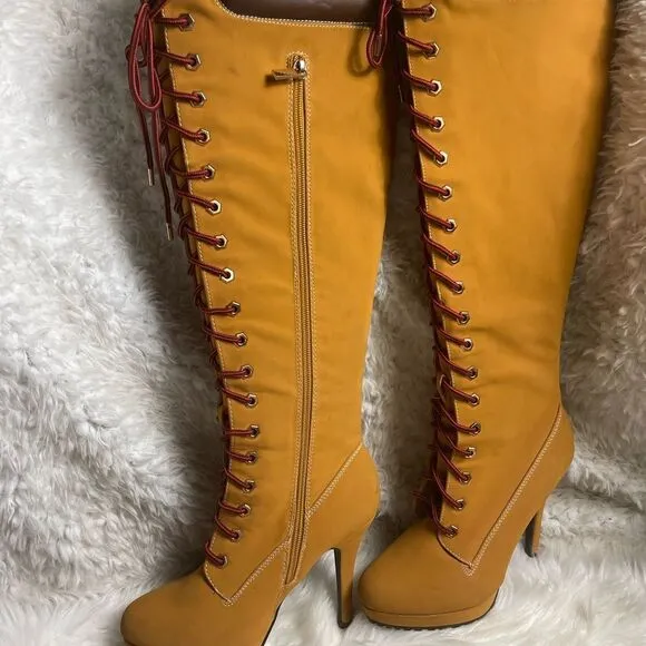 Bamboo Synthetic nubuck tan Combat knee high lace Up Stiletto Platform Boots SZ9