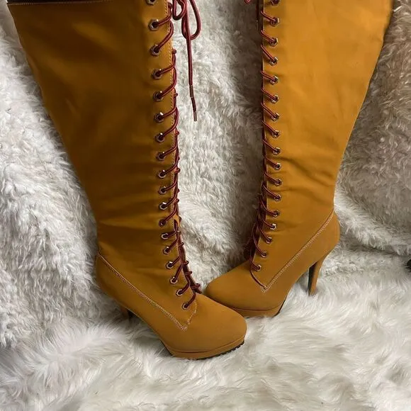 Bamboo Synthetic nubuck tan Combat knee high lace Up Stiletto Platform Boots SZ9