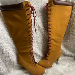 Bamboo Synthetic nubuck tan Combat knee high lace Up Stiletto Platform Boots SZ9