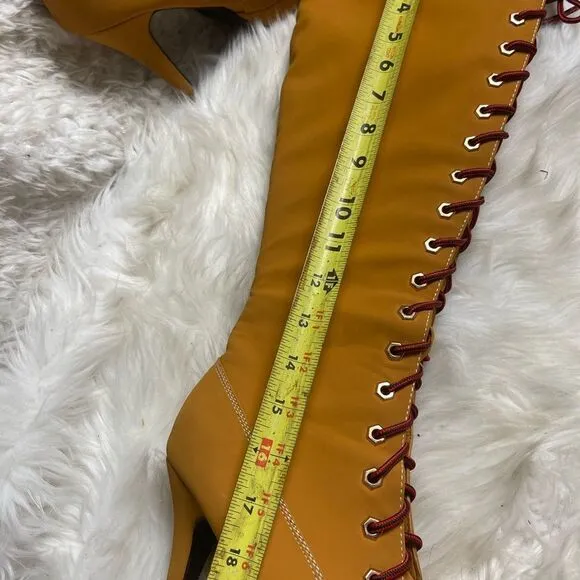 Bamboo Synthetic nubuck tan Combat knee high lace Up Stiletto Platform Boots SZ9