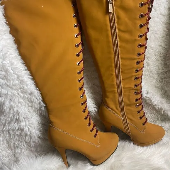 Bamboo Synthetic nubuck tan Combat knee high lace Up Stiletto Platform Boots SZ9