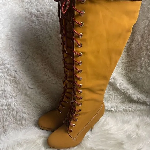 Bamboo Synthetic nubuck tan Combat knee high lace Up Stiletto Platform Boots SZ9