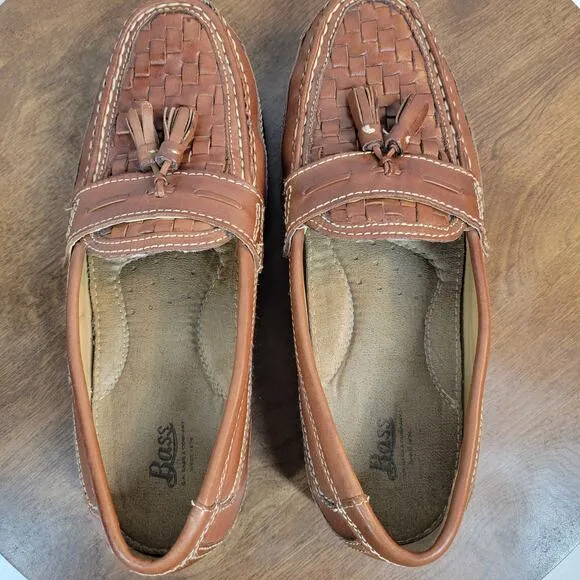 Bass Mens Arnold Dress Shoes 9 Brown Woven Leather Tassels Slip On Loafers