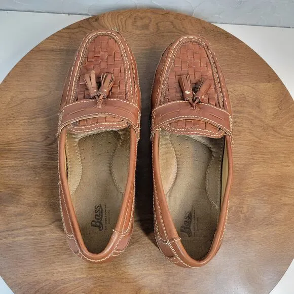 Bass Mens Arnold Dress Shoes 9 Brown Woven Leather Tassels Slip On Loafers