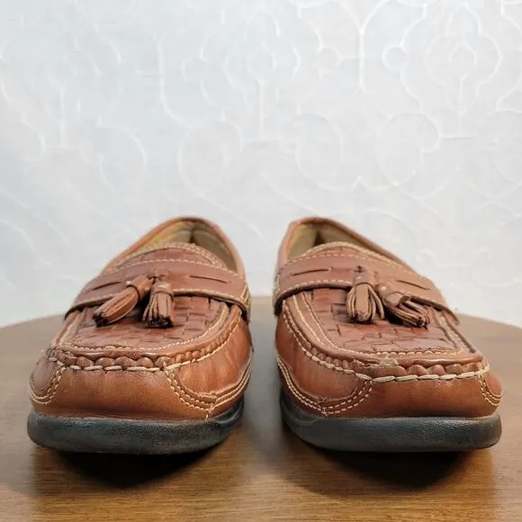 Bass Mens Arnold Dress Shoes 9 Brown Woven Leather Tassels Slip On Loafers