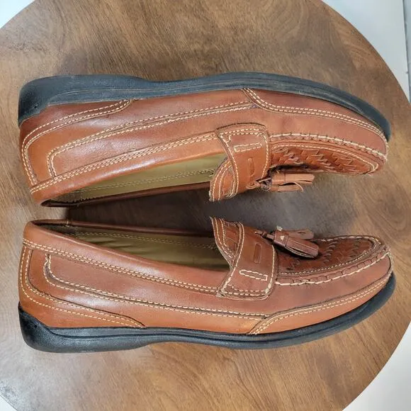 Bass Mens Arnold Dress Shoes 9 Brown Woven Leather Tassels Slip On Loafers