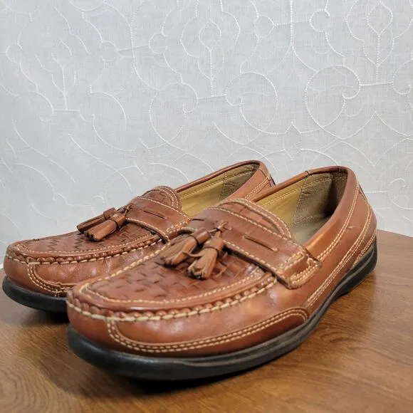 Bass Mens Arnold Dress Shoes 9 Brown Woven Leather Tassels Slip On Loafers