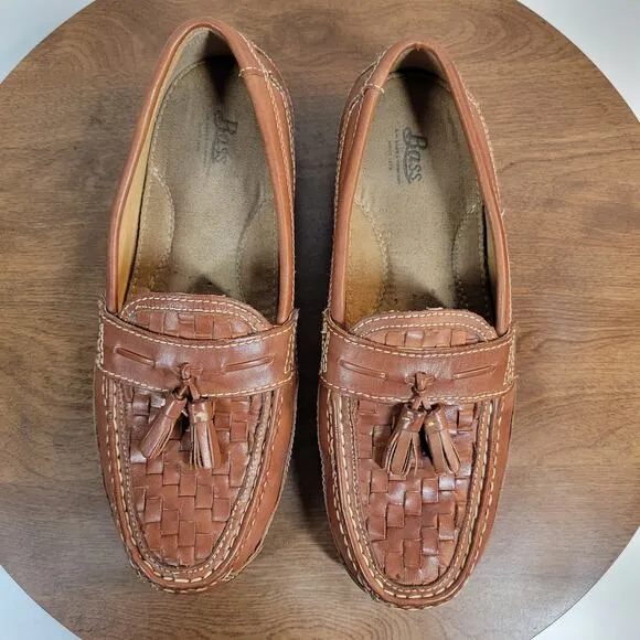 Bass Mens Arnold Dress Shoes 9 Brown Woven Leather Tassels Slip On Loafers