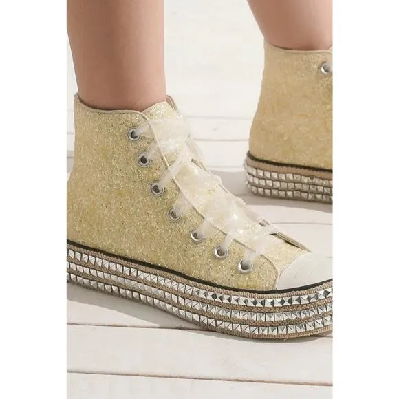 ❤️Beast Fashion Glitter Detail Lace-Up Studded Platform Sneakers | White Pearl