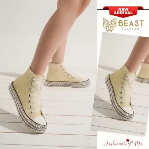 ❤️Beast Fashion Glitter Detail Lace-Up Studded Platform Sneakers | White Pearl