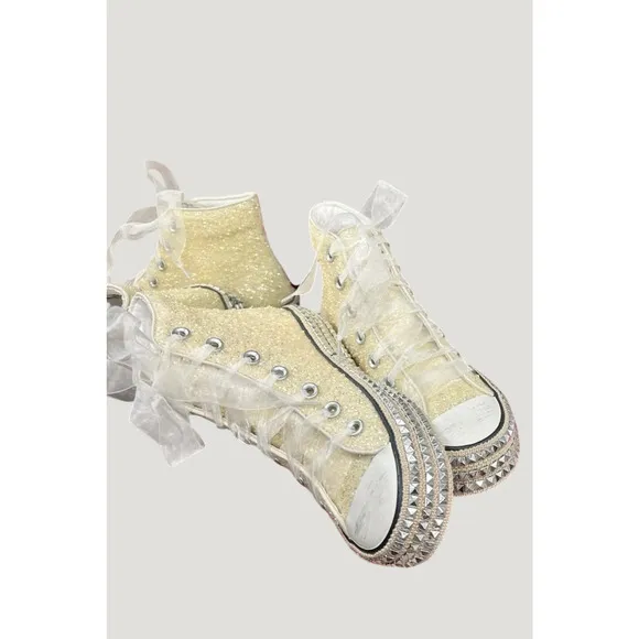 ❤️Beast Fashion Glitter Detail Lace-Up Studded Platform Sneakers | White Pearl