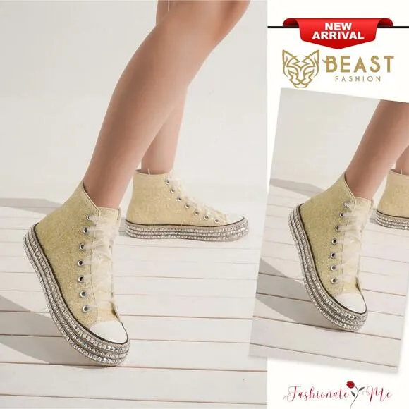 ❤️Beast Fashion Glitter Detail Lace-Up Studded Platform Sneakers | White Pearl