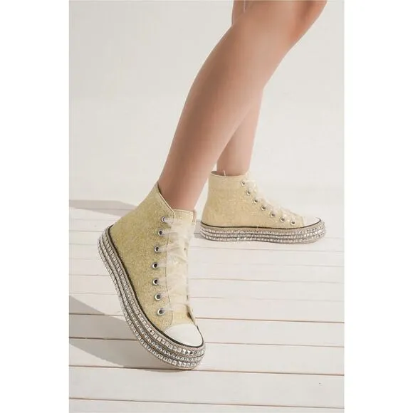 ❤️Beast Fashion Glitter Detail Lace-Up Studded Platform Sneakers | White Pearl