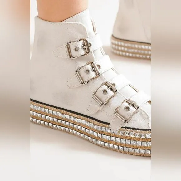 Beast Fashion Multi-Buckle Straps Studded White Platform Sneakers